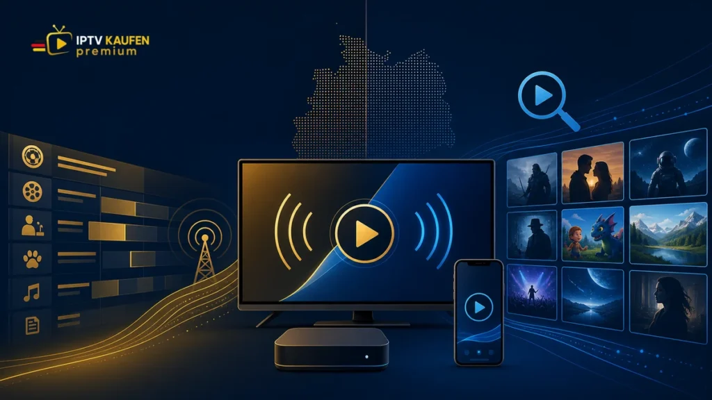 IPTV Germany streaming comparison with live television, on-demand library, devices and official IPTV Kaufen Premium logo