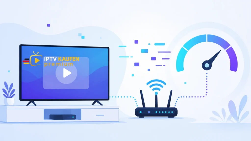 IPTV Geschwindigkeit mit Fernseher, Router und Bandbreitenanzeige
